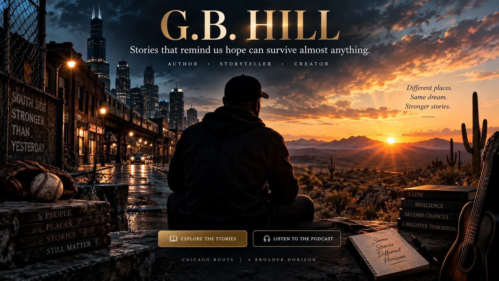 G.B. Hill stands between two worlds: a rain-lit Chicago street beneath the skyline on one side, an Arizona desert sunset on the other, with a baseball, a guitar, and stacked books at his feet.